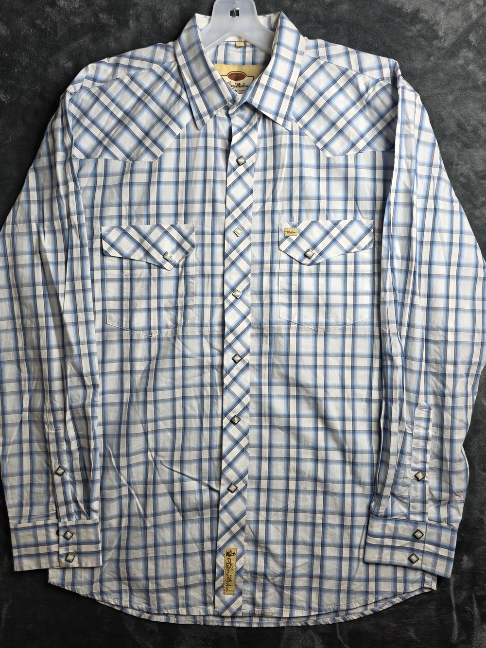 Larry Mahan White and Light Blue Plaid Western Diamond Pearl Snap Shirt. Sz L.